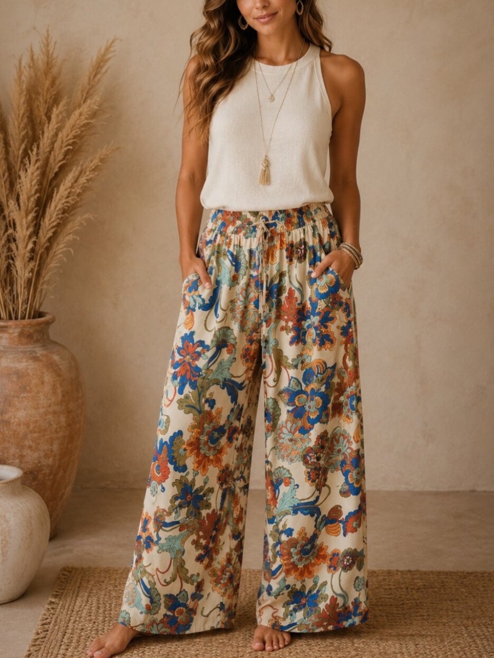 Philosophy Floral Wide-Leg Pants in Cream, Blue Red and Green Size LARGE. NWT
